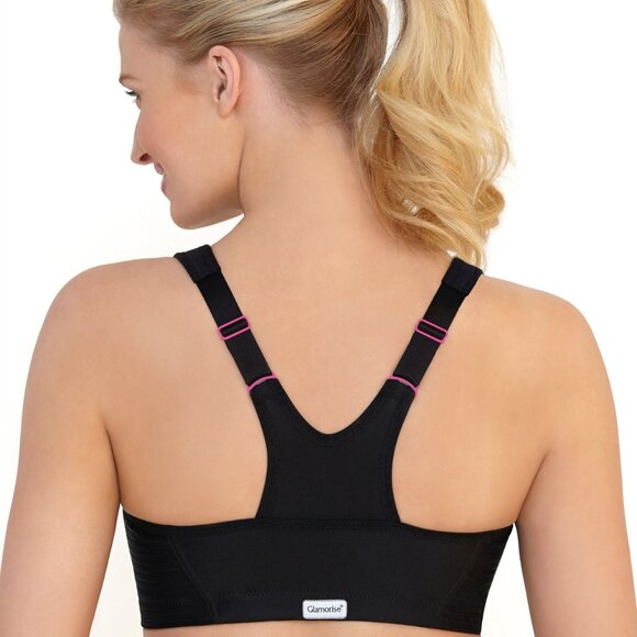 Glamorise SPORT Bra 44B (HIGH-IMPACT) Wicks! (RACERBACK) T-Back Zip-Up Black NEW - Picture 15 of 16